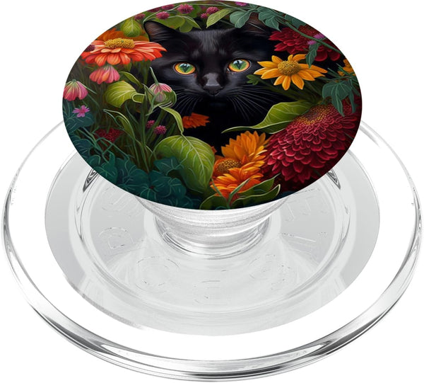 Black PopSockets MagSafe PopGrip for iPhone - Adorable Cat Hiding in Spring Flower Field