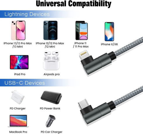 10FT MFi Certified USB C to Lightning Cable - 90 Degree Fast Charger for iPhone 13/12/11/XS/XR/8 & iPad 8th, Nylon