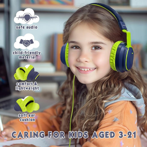 Headphone Kids Volume Limited 85/96dB Wired Over-Ear/On-Earr Foldable Headset with Inline Cable Aux 3.5mm Cord Mic for Boy Girl Child School PC Notebook Tabletk Deep Blue