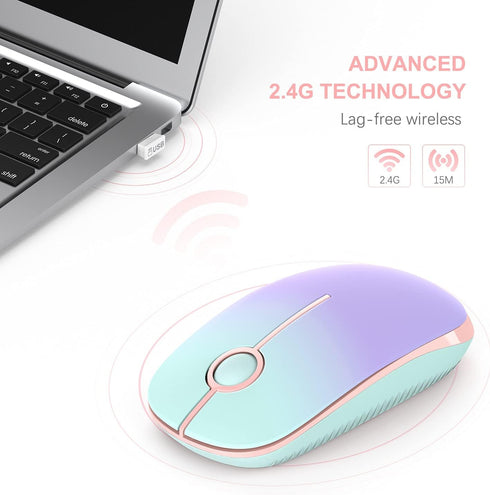 VssoPlor Wireless Mouse, Slim Portable 2.4G Computer Mice with Nano Receiver for PC, Laptop (Mint Green to Purple)