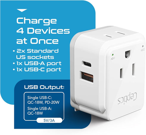 Ceptics Thailand Travel Adapter Set, 20W PD & QC, Type O - 4 in 1 with 2 USA Inputs, 1 USB Port, 1 USB-C Port