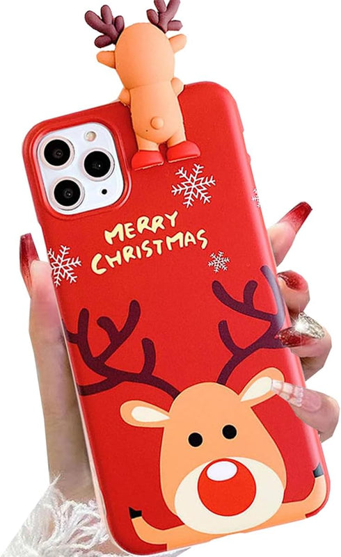 Christmas iPhone 15 Pro Max Case (Red) - Merry Christmas 3D Cute Snowman Santa/Elk Antlers Soft Silicone TPU
