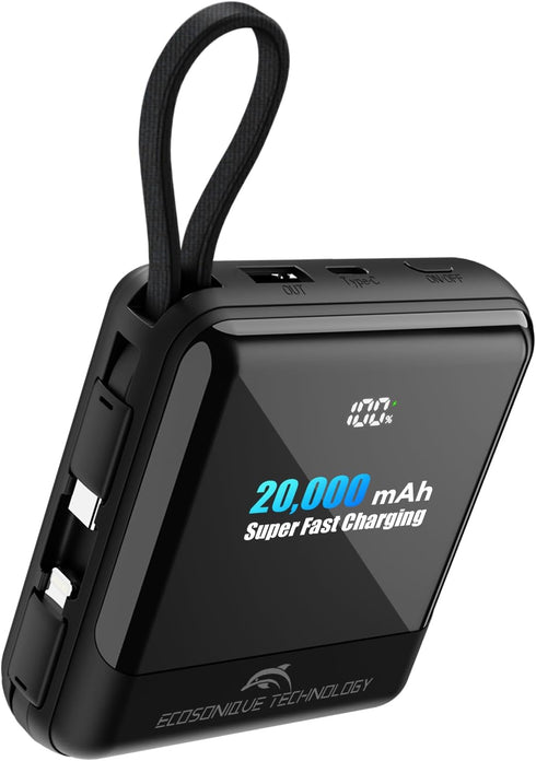 Ecosonique 20000mAh Power Bank, 33W Max Fast Charging Portable Charger with Built-in Cables for iPhone, Samsung, Android