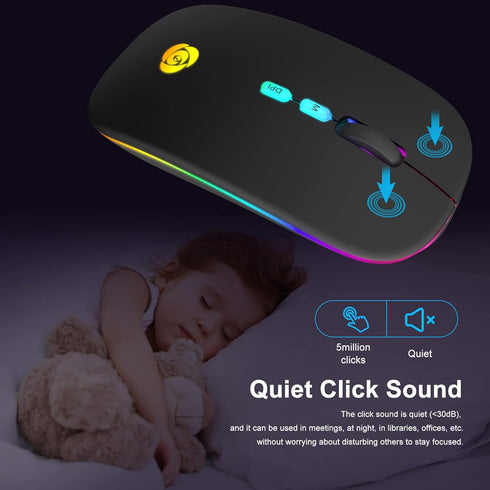 CC Store LED Wireless Bluetooth Mouse, Rechargeable Ultra Silent Slim, 2.4GHz Instant Connection, USB-C Adapter (Black)