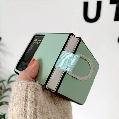 Lunivop Compatible with Samsung Galaxy Z Flip 3 5G Case - Metal Ring Ultra Slim Cover, Hard Plastic PU Leather