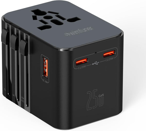 SWIMFUNER Universal Travel Converter, GaN International Plug Charger, with 2 USB-C and 1