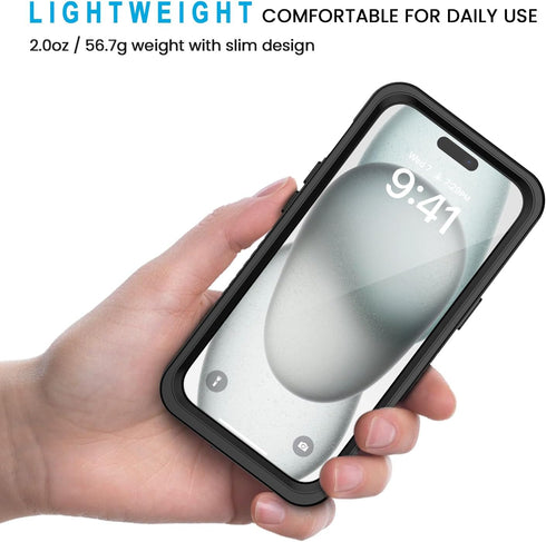 Lanhiem iPhone 15 Plus Case - 360 Full Body Waterproof, Dustproof, Shockproof with Built-in Screen Protector (Black)