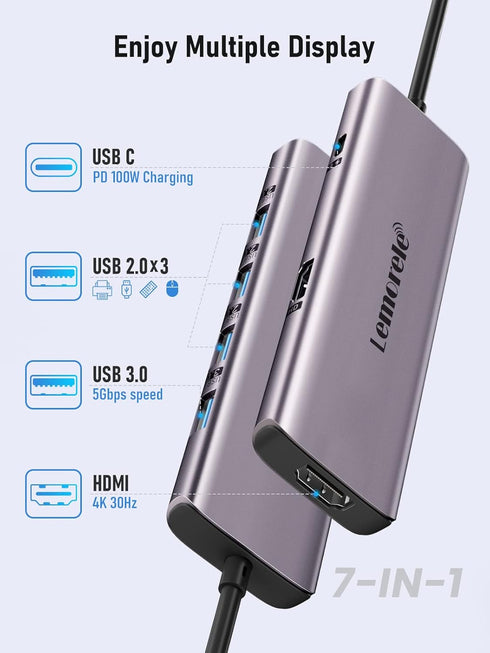 Lemorele 7 1 4K 3.0, 3*USB 2.0, 100W USB C Docking Station for Laptop, in USB C Hub with Dual HDMI, USB PD Suitable