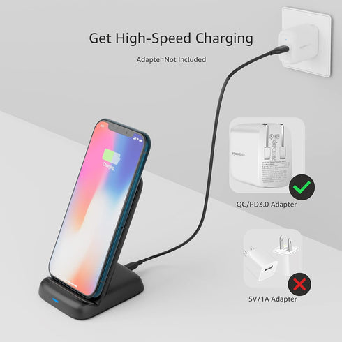 Amazon Basics 10W Qi Certified Wireless Charging Stand, Black for iPhone 15/14/13/12/11/X, Samsung, USB Cable