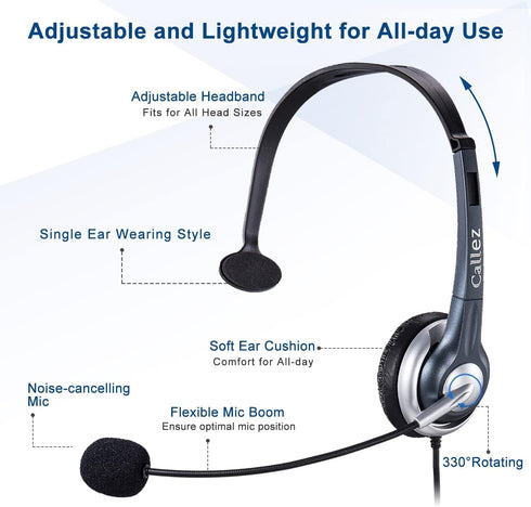 Callez Wired Telephone Headset Mono, Call Center RJ9 with Noise Canceling Mic for ShoreTel, Plantronics, Polycom