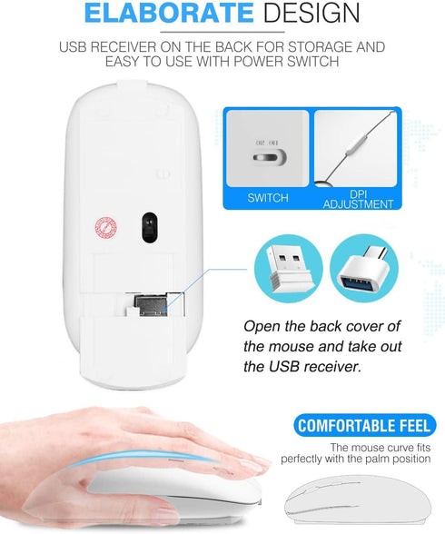 Wireless Mouse, 2.4G Slim Mute Silent Click Optical Mouse with USB Receiver and Type C Adapter for Notebook, PC,