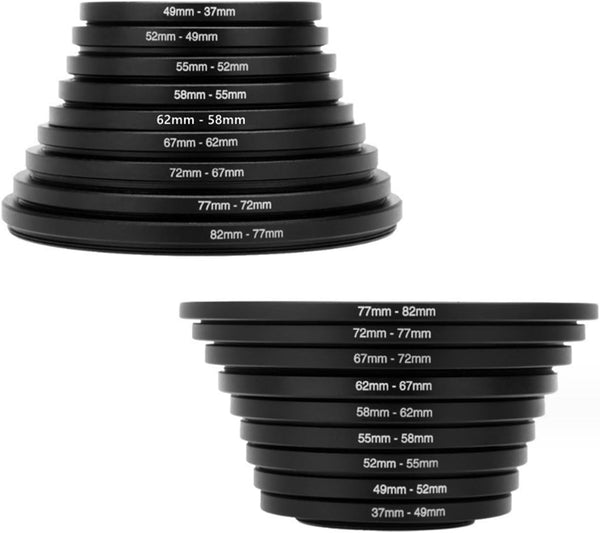 18 Pieces Filter Ring Adapter Set, Lightweight Aluminum Camera Lens Filter Stepping Rings Kit, 9 Pcs Step Up & 9 Pcs