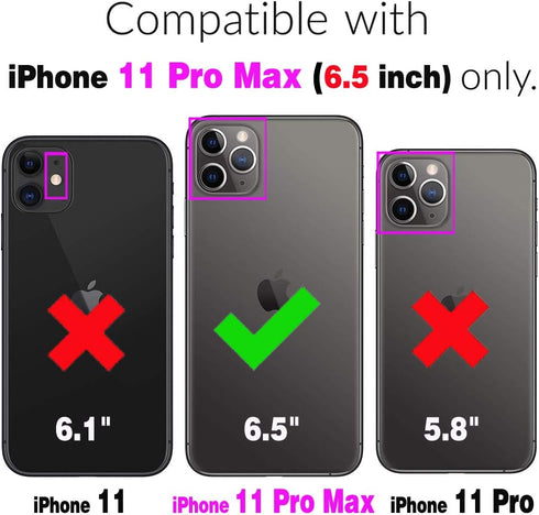 Phone Case for iPhone 11 Pro Max 6.5 Wallet Cover With Tempered Glass Screen Protector and Shoulder Crossbody Wrist Strap Lanyard Flip Zipper Credit Card Holder iPhone11 11pro Promax i XI Plus Black