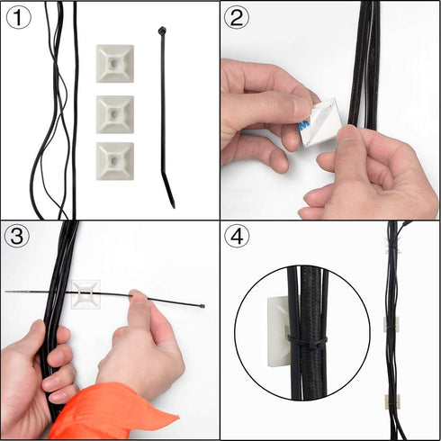 XHF 200 PCS 1/2" Black Self Adhesive Cable Zip Tie Mounts Wire Clips Holders Management Organizer Squares (HS-100)