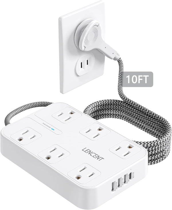 LENCENT 2 Prong Power Strip, 3 to 2 Prong Outlet Adapter, 10ft Braided Extension Cord with 6 AC & 4 USB Ports