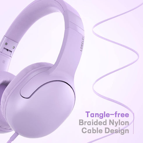 LORELEI E5 Wired Headphones for Kids - Foldable, Tangle-Free Nylon Wire, 3.5mm Jack, Stereo On-Ear, Purple.