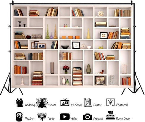 Heevnttiy 7x5ft White Bookshelf Backdrop Modern Office Zoom Video Conference Photography Background Bookcase