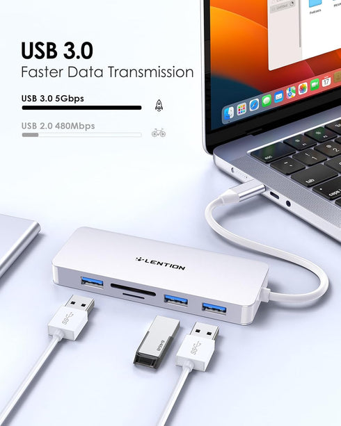 LENTION USB C Hub with 4K HDMI, 3 USB 3.0, SD/Micro SD Card Reader, Compatible with 2023-2016 MacBook Pro