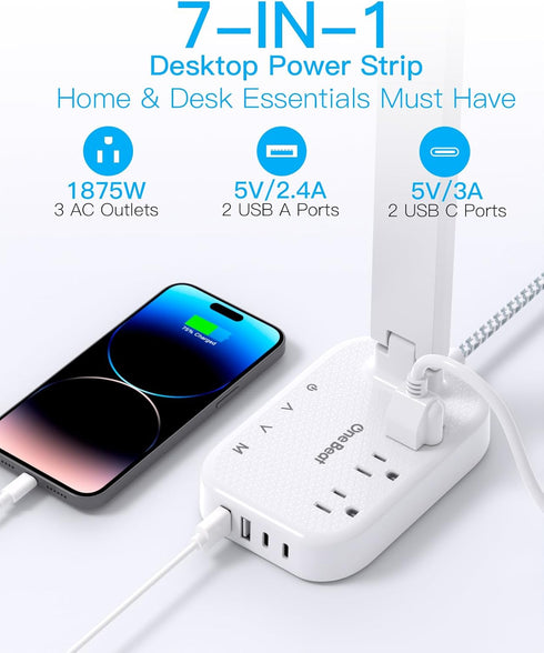 Power Strip with LED Desk Lamp, 3 Outlets 4 USB Ports(2 USBC) 4 Modes 5 Level Touch Lamp Small Desk Lamp for Home Office Bedroom Bedside, Study Reading Light, 5ft Extension Cord, Dorm Room Essentials by One Beat