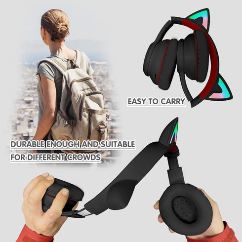 Cat Ear Wireless Headphones, Bluetooth 5.3, 60H Over Ear, 8H with LED Light, Foldable Music Gaming Headset with Aux Mic