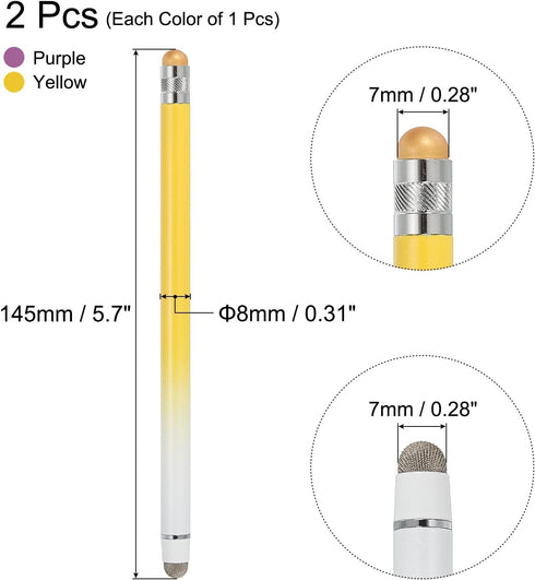 MECCANIXITY 2pcs Stylus Pens for Touch Screens Rubber & Fiber Dual Tips Capacitive Stylus Universal Tablet Pen Sensitivity Precision, Gradient Yellow Purple