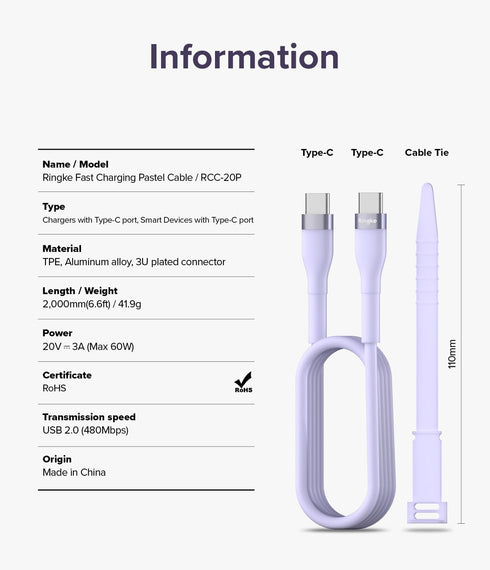 Ringke Fast Charging Pastel Cable USB C to USB C (2M / 6.56 FT) for Data Transfer, Compatible with iPhone 15 Series,