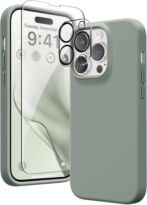 GONEZ iPhone 14 Pro Case - Calke Green, Shockproof Liquid Silicone, Soft Anti-Scratch Lining + 2 Screen & Camera