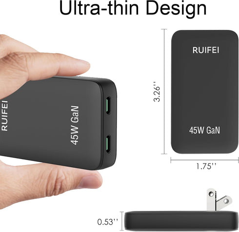 Flat USB C Wall Charger, 45W USB C Charger, Dual USB C Charger with Foldable Plug for Travel, PD 3.0 Fast Charging
