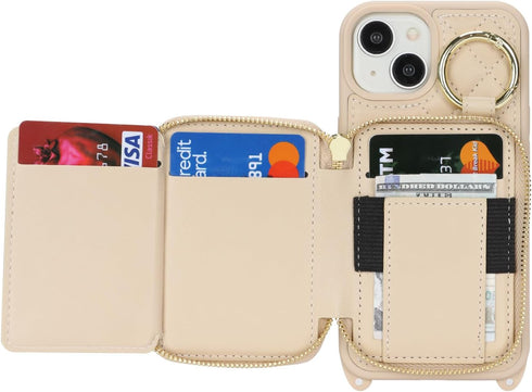 Hamany 15, 5G 6.1 Inch-White Crossbody Wallet Case for iPhone PU Leather Zipper Handbag Purse Flip Cover, Kickstand