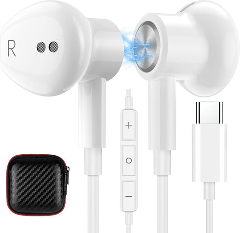 USB C Headphones - Noise Canceling Wired Earbuds for iPhone 15 Pro Max, Galaxy S20 FE, S23, Pixel 6/7/8, and more.