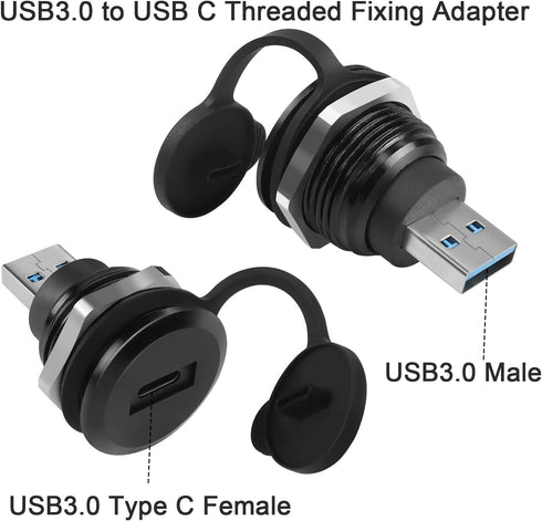 QIANRENON USB3.0 to USB C Threaded Fixing Adapter 5Gbps USB3.0 Male to USB C Female Circular Connector USB3.0 to Type C Data Converter Mount Socket,Waterproof/Dust Proof, for Data Transfer/Charging
