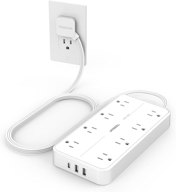 Power Strip with Surge Protection, TESSAN Flat Plug Extension Cord with 8 Outlets, 3 USB Ports (1 USB C)