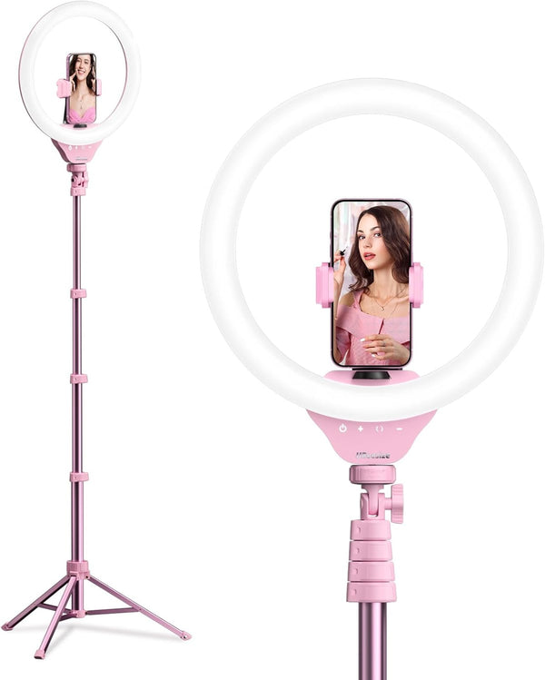 UBeesize 12'' Selfie Ring Light with 62’’ Tripod Stand for Video Recording, Live Streaming, Compatible with Phones, Pink