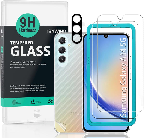Ibywind 9H Tempered Glass Screen Protector for Samsung Galaxy A34 5G (6.6") - 2 Pack + Camera Lens & Back Film, HD