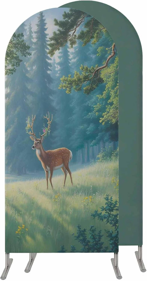 Jnbasdffb 7.2 Forest Elk Wedding Arch Cover,Stretchy Spandex Arch Backdrop Stand Covers FT,Green Trees Leaves Landscape