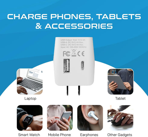 Ceptics (CTU-6) Japan, Philippines Travel Adapter Plug with USB-A + USB-C - Usa Input - Type A - Ultra Compact