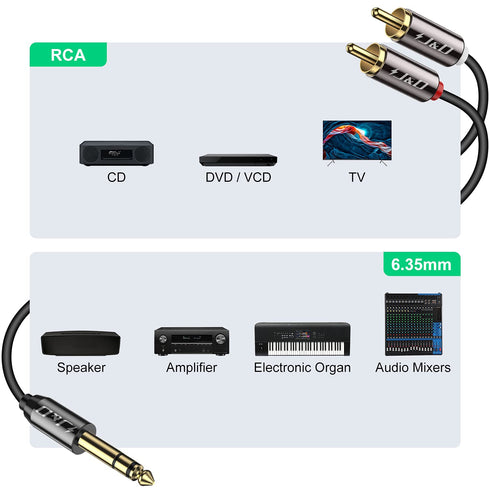 J&D 1/4 inch TRS to Dual RCA Audio Cable, Gold Plated Copper Shell Heavy Duty 6.35mm Male TRS to 2 RCA Male
