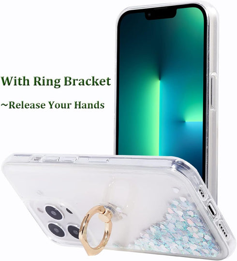 Glitter Case with Ring Holder for iPhone 13 Pro, Clear Kickstand Soft TPU Rubber Bumper, Silver