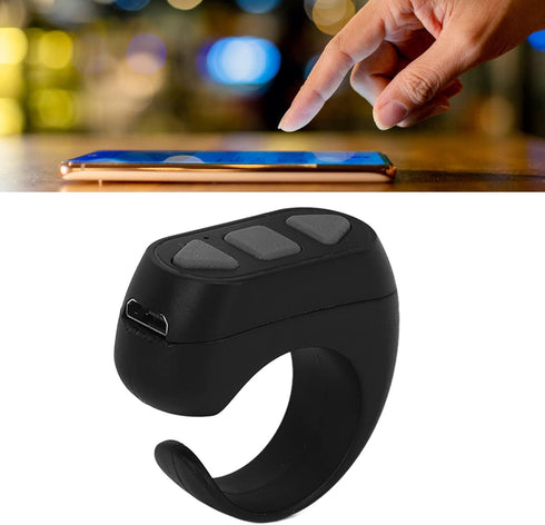Bluetooth Remote Control Page Turner, Phone Remote Control Ring for iOS, Android, Click Like Selfie Device (Black)