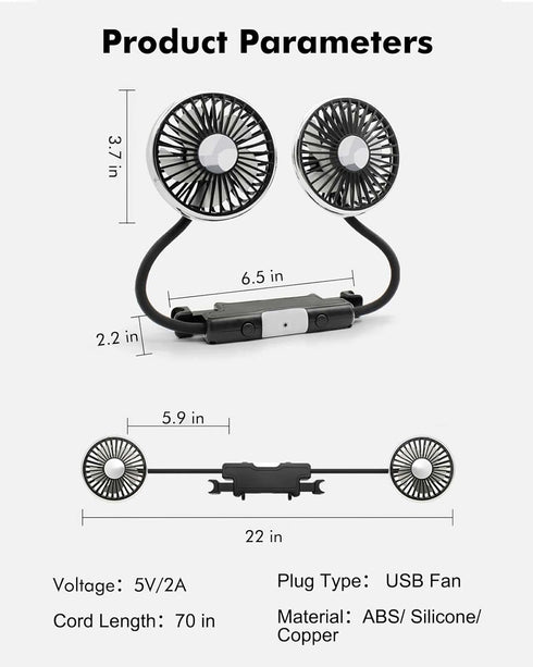 3 360 Hose Car Fan for Backseat Kids with Led Lights - USB Car Seat Fans for Baby - Independent Control Speeds Degree