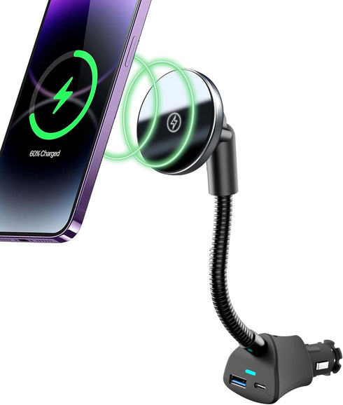 Mag-Safe Car Mount Charger, 15W Wireless Phone Charger with Dual Port PD&QC3.0 Fast Charging for iPhone 15 Pro Plus
