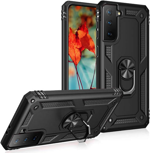 Military Grade Drop Impact Case for Samsung Galaxy S21 Plus, 360 Metal Rotating Ring Kickstand Holder, Armor Heavy Duty