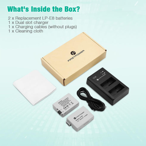 FirstPower LP-E8 Battery and Dual USB Charger Compatible with Canon EOS Rebel T2i, T3i, T4i, T5i, EOS 550D, 600D, 650D,