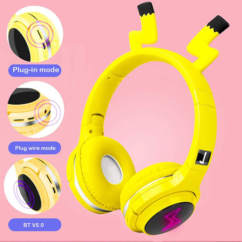 Yellow Kids Bluetooth Headphones, Cartoon Wireless Headphone with Microphone, Volume Reduced Foldable Headset for Travel