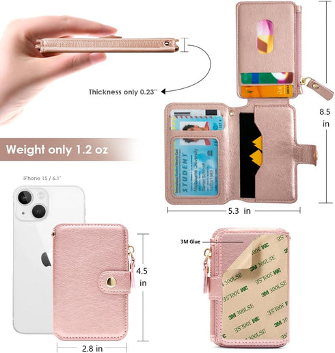 M-Plateau Foldable Phone Wallet, iPhone Card Holder Stick On with Zipper Coin Purse, Fits 6.1 and Above