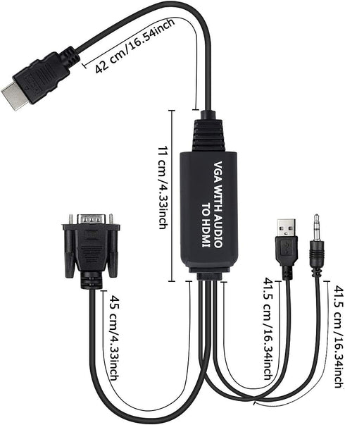 VGA to HDMI Adapter Cable 4ft with Audio for PC, Laptop to Monitor, Display, HDTV