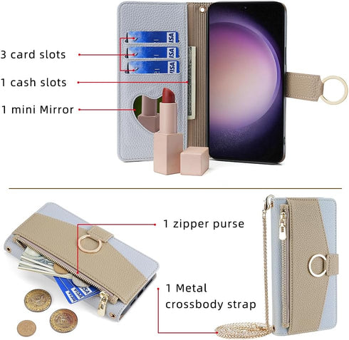 Asuwish Phone Case for Samsung Galaxy S23 5G Wallet Cover with Screen Protector and Mirror Flip Cover Ring Card Holder Crossbody Strap Stand Cell S 23 23S GS23 G5 SM-S911U 6.1 inch Women Girls Blue
