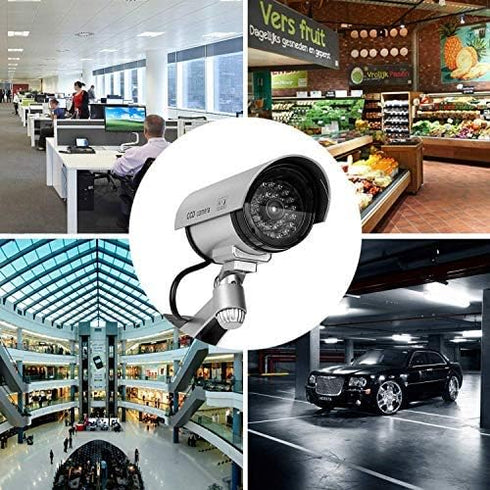 FINDERS&CO Fake Security Camera with Realistic Red Flashing Lights and Warning Sticker (2, Silver)