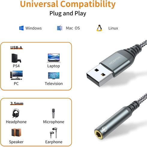 USB to 3.5mm Audio Jack Adapter, External Sound Card Converter for Headset, PC, Laptop, Mac, Linux, PS4 and More