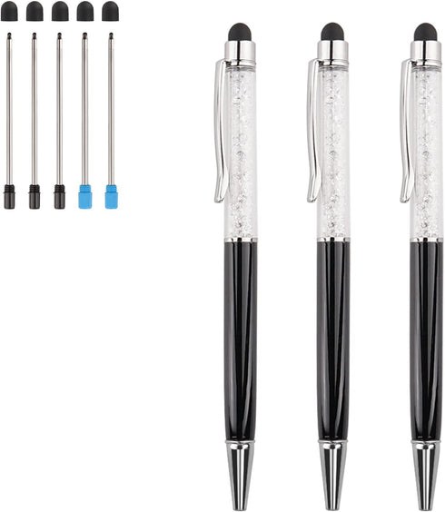 YOUMI 3 pcs 2 in 1 Bling Ballpoint Pens, Crystal Diamond Pen Capacitive Touch Screen Stylus for iPhone iPad (Black)